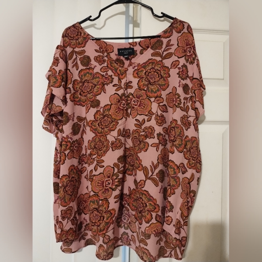 Premise Women's 3X Lightweight Short Sleeve Floral Blouse Lovely Dusty Pink